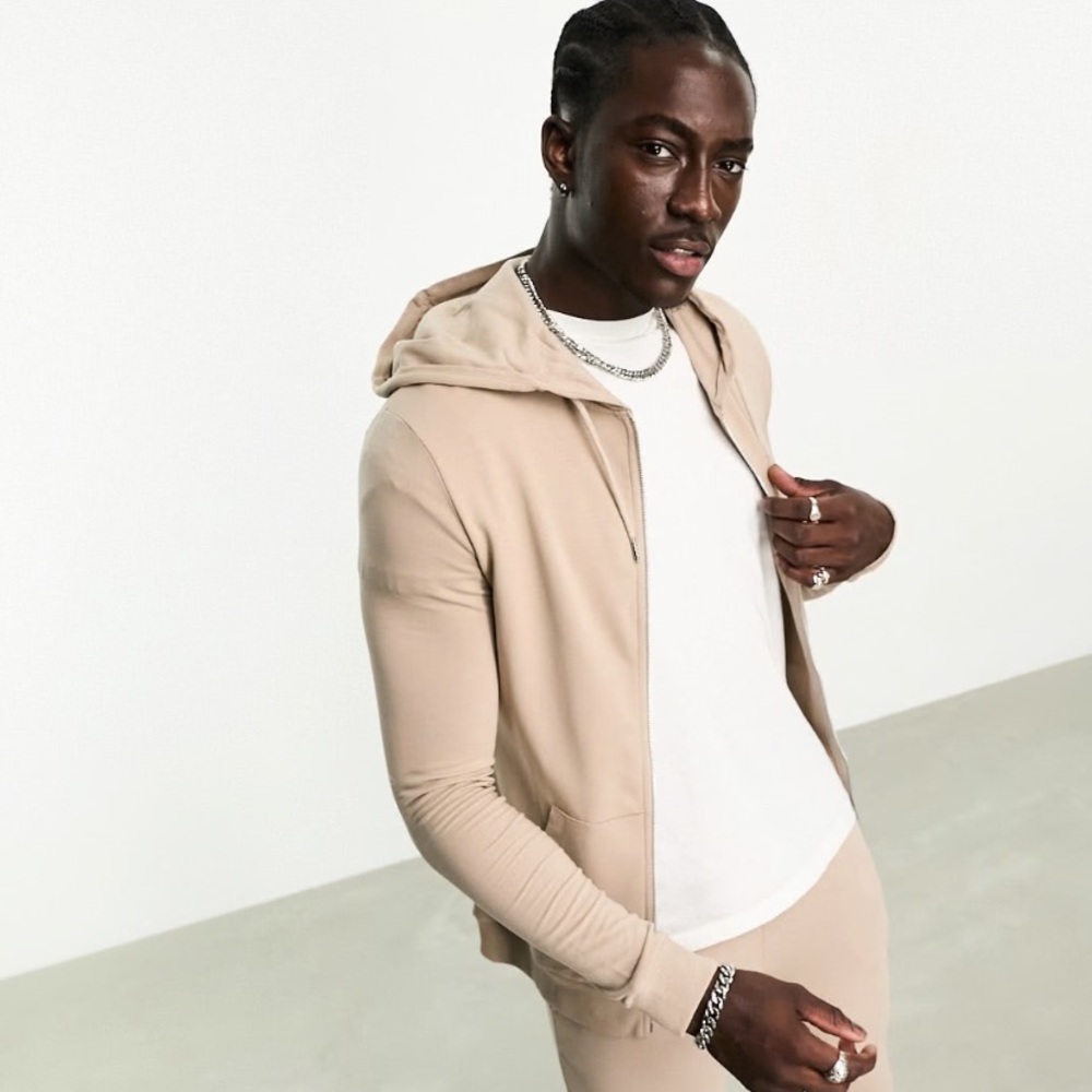 ASOS Tan Zip Up Sweater with Relaxed Fit and Hood